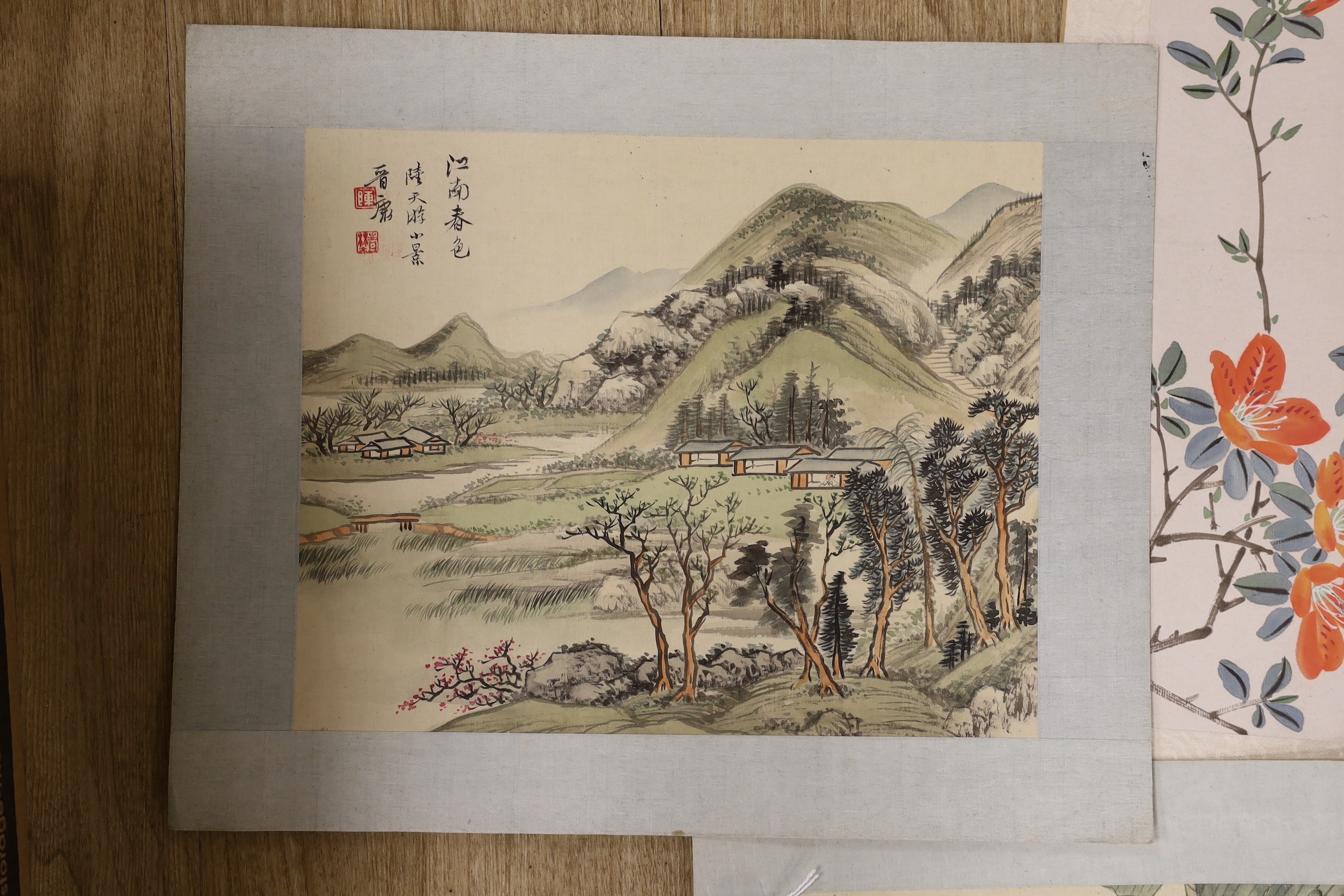 Chinese School, late 20th century, two paintings on silk and three colour woodblocks on paper of birds and flowers and two landscape paintings on silk, approx. 27 x 21cm (7)